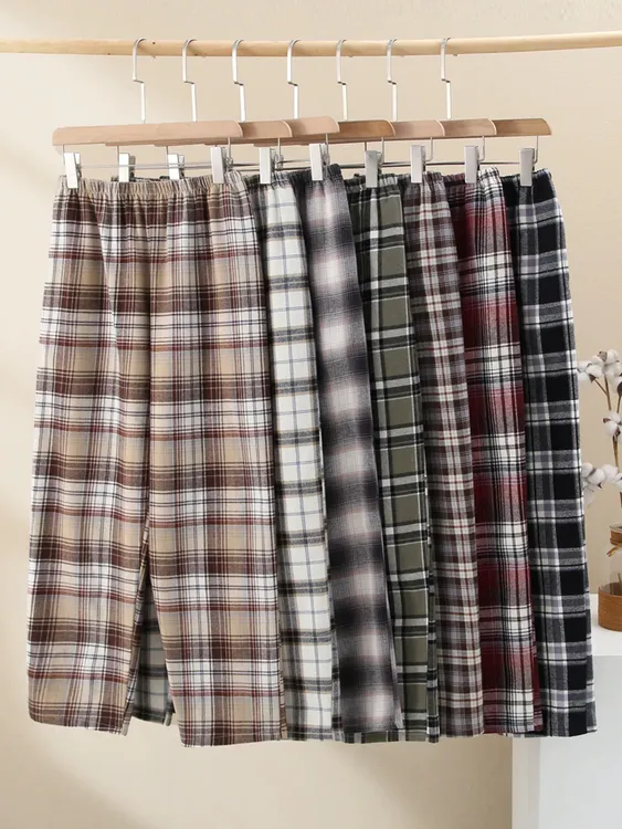 中腰格子印花长裤睡裤家居裤加大秋冬情侣休闲