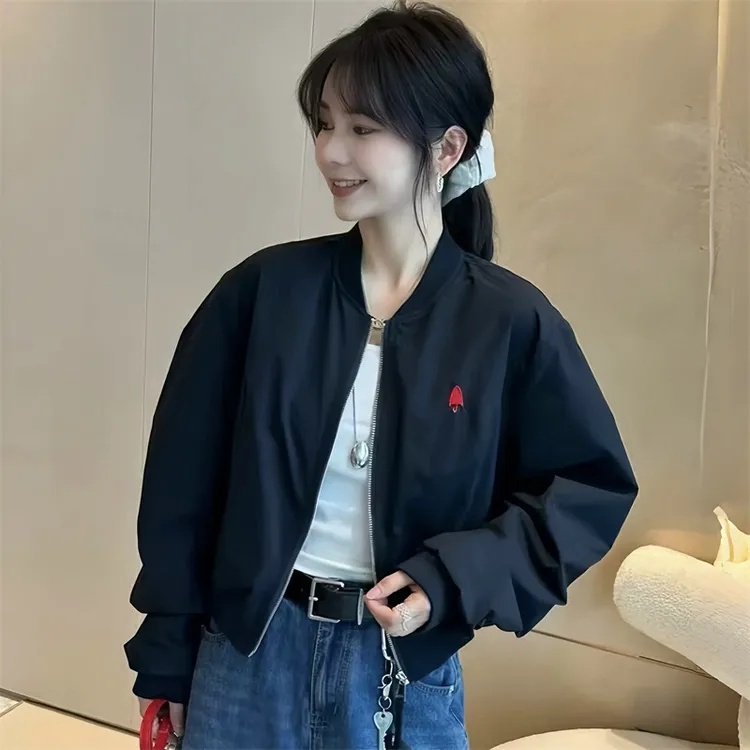美式复古宽松显瘦拉链刺绣棒球服外套女2025早秋新款飞行夹克上衣