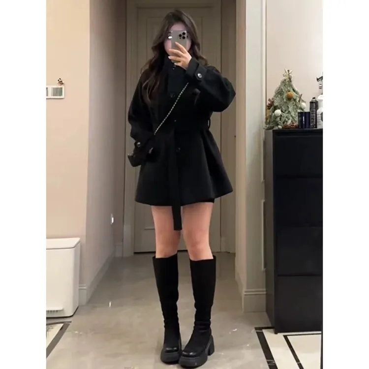 （大财主）胖mm收腰小个子毛呢外套女秋冬大码黑色短款呢子大衣5213