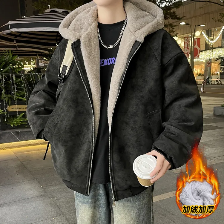 秋冬季青少年新款加绒宽松棉衣男潮流设计感棉服外套百搭帅气夹克