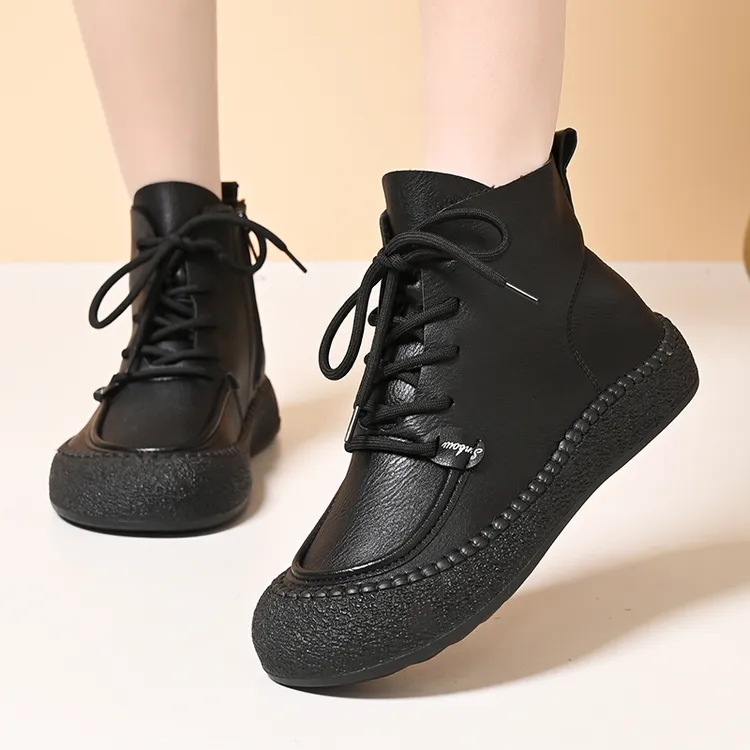 2025新款真皮平底短靴女百搭软底防滑孕妇鞋舒适妈妈短筒靴棉靴子