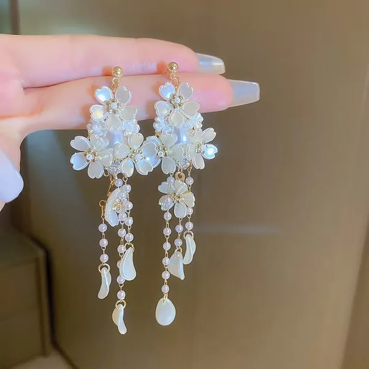 合金亚克力耳饰 超仙珍珠花朵长款流苏耳环女小众设计气质耳钉