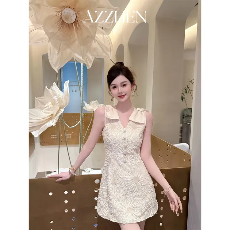 AZZHEN【海岛晴空】重工刺绣无袖连衣裙蕾丝裙子生日AZ4KXL21-00