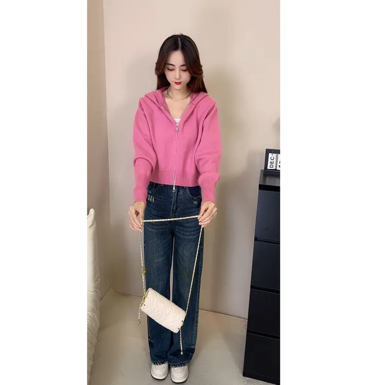 名媛风气质洋气连帽拉链针织衫外套女显瘦中长款牛仔裤长裤潮