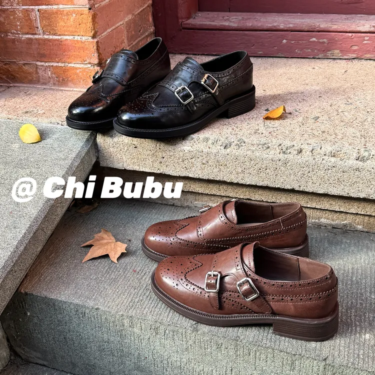 CHIBUBU 【现货】头层牛皮布洛克乐福法式低跟时尚真皮鞋黑色英伦风