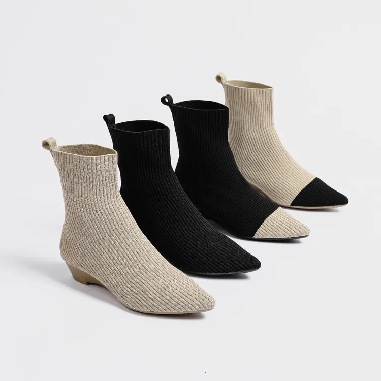 王妃靴秋冬针织短靴一脚蹬懒人瘦瘦靴尖头编织坡跟百搭弹力袜靴女