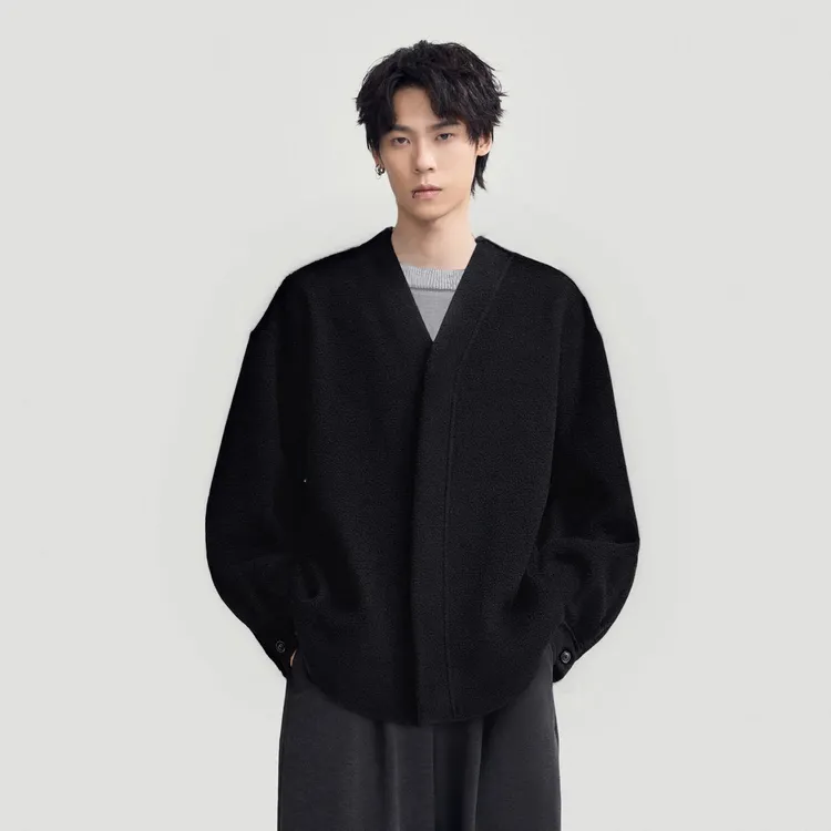 HERBEL/黑白2025冬新款羊绒蚕丝大衣时尚轻奢纯色高级感短款大衣