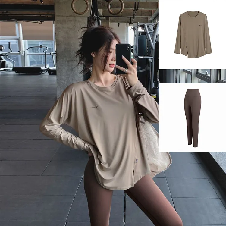 秋冬季大码健身瑜伽服长袖宽松中长款遮臀显瘦跑步运动速干套装