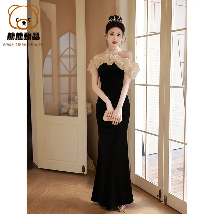 宴会气质晚礼服裙女名媛黑色鱼尾裙法式高端轻奢一字肩主持人礼yd