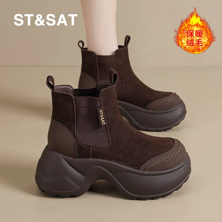 星期六女鞋旗舰店时装靴2025冬季英伦风短靴复古加绒瘦瘦靴弹力靴