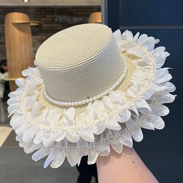 ins甜美日系珍珠花边草帽女春夏新款宽檐户外防晒太阳帽白色礼帽