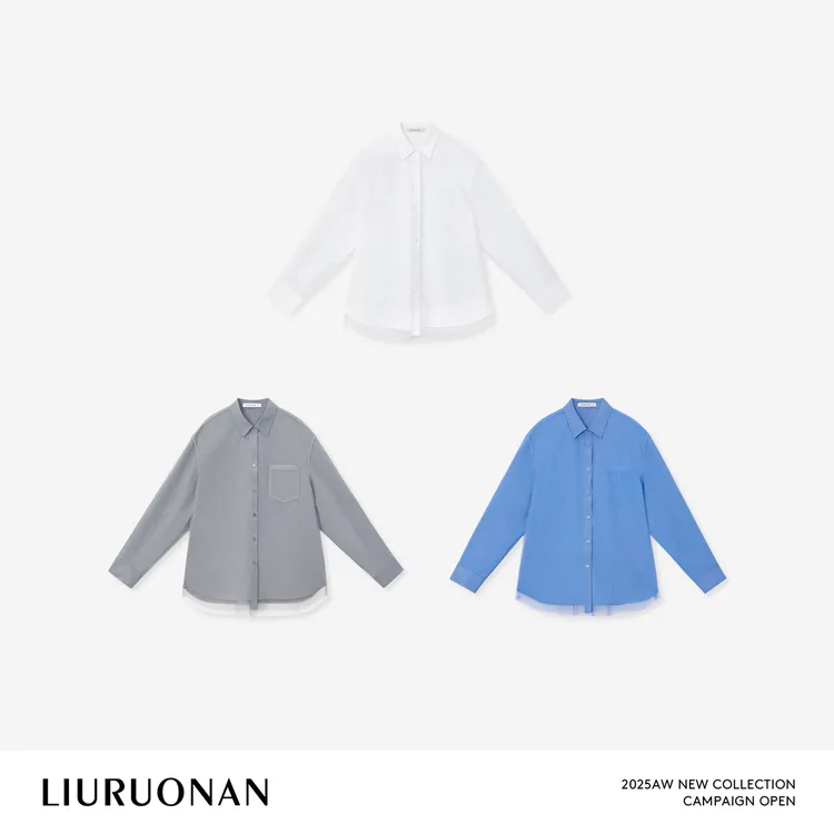 LIURUONAN 25FL【薄纱衬衫】三色设计感Polo领长袖衬衣秋季宽松上衣