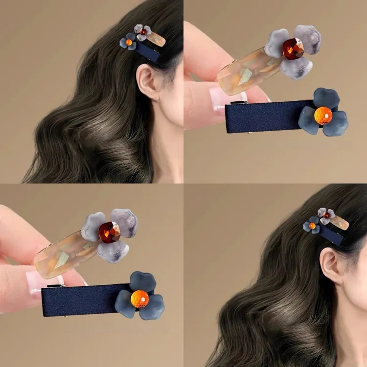 雾霾蓝高级感磨砂复古三瓣花朵发夹质感百搭鸭嘴夹侧边刘海夹发卡