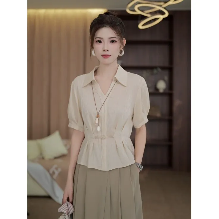 TITI定制【落日涟漪】轻奢气质设计感收腰显瘦短袖衬衫TL3903461