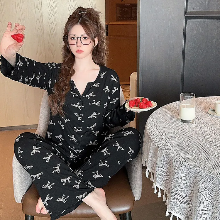 2025新款睡衣女秋季长袖大码宽松开衫女士外穿家居服V领套装 仿棉