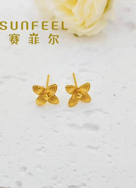 赛菲尔足金999特色花黄金耳钉甜美小清新仙女风饰品民族风送女友
