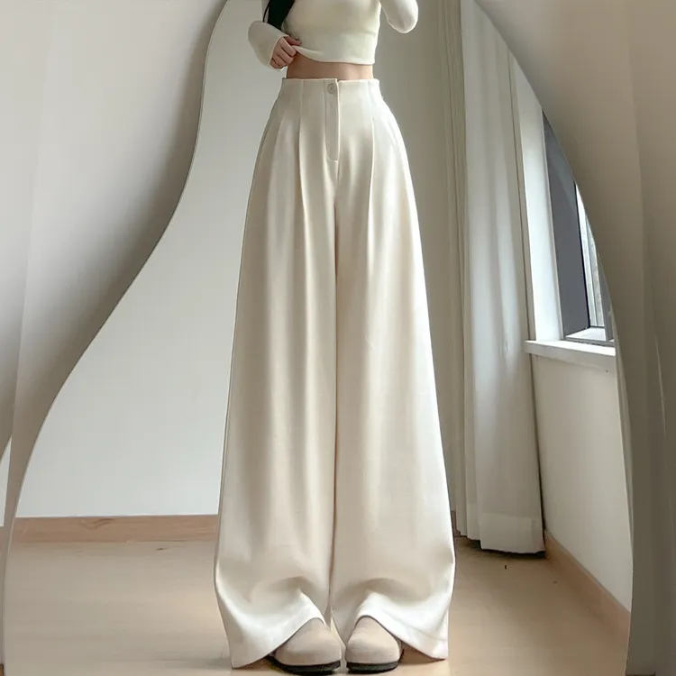 高腰毛呢西装阔腿裤女垂坠感宽松显瘦直筒拖地长裤秋冬新款糯米裤