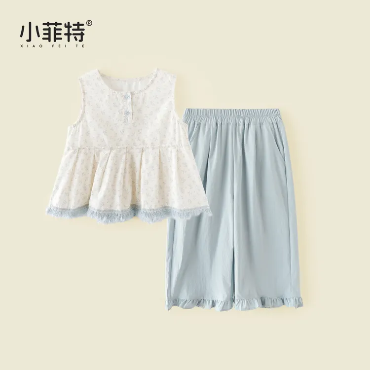 小菲特夏季套装新款女童无袖上衣直筒裤韩版小女孩衣服BGTX52180