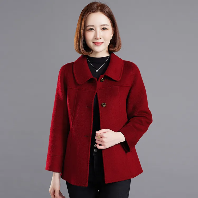 高端妈妈短款羊毛呢子大衣2025新款时尚中老年女双面绒外套婚宴装