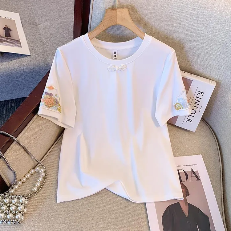 新中式轻国风白色T恤女短袖夏季设计感时尚刺绣显瘦百搭圆领上衣