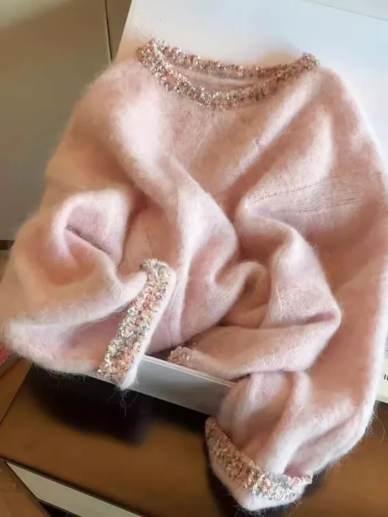 法式小香风气质粉色套头针织毛衣女秋冬新款减龄宽松百搭时尚上衣