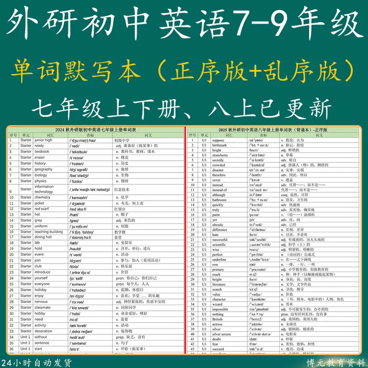 2025外研初中英语单词默写本电子版背诵表七八九年级上下册英汉译