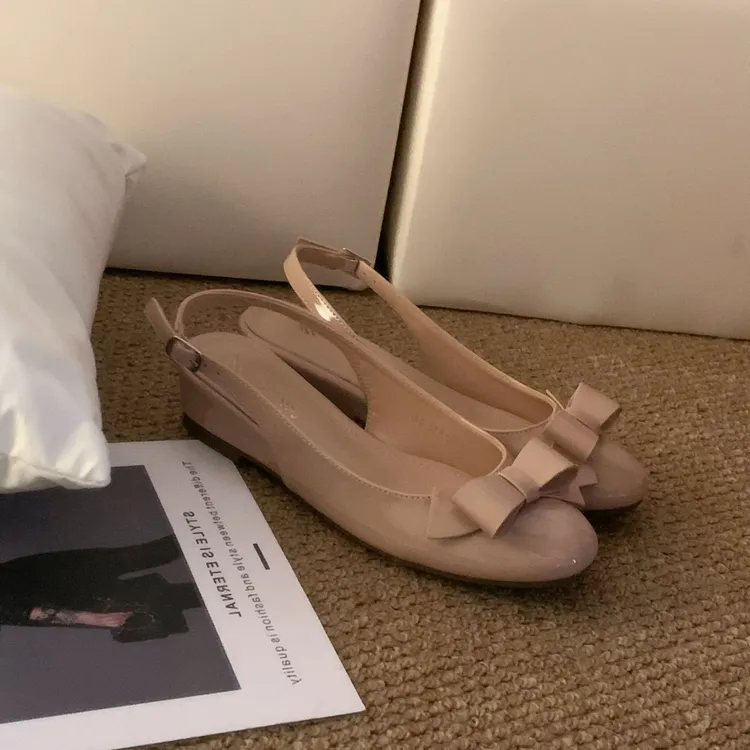 漆皮法式时装凉鞋中跟包头蝴蝶结女鞋坡跟2025夏季新款仙女风单鞋