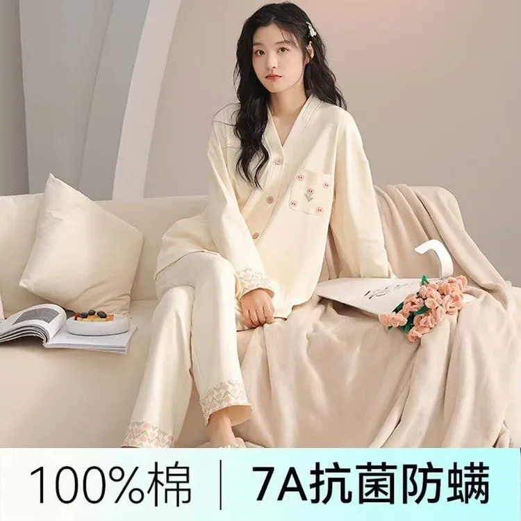 7A100%纯棉睡衣女爆款长袖中式休闲可外穿家居服套装2025新款春秋