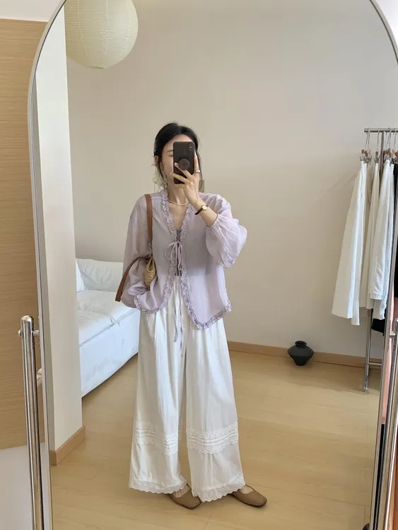【浅紫丁香】时尚气质夏季款紫色微透防晒开衫蕾丝设计高腰长裤套装