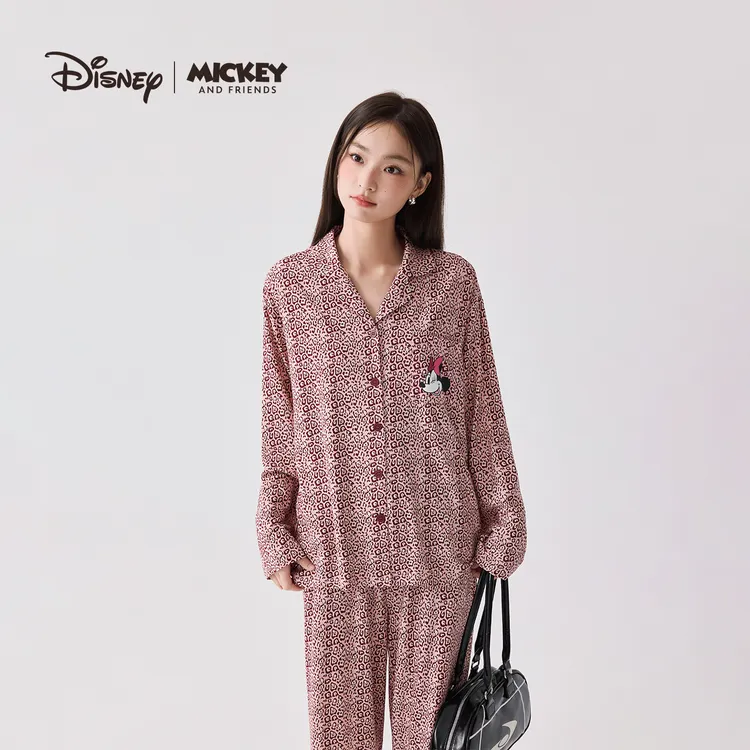 亲嘴猫迪士尼莫代尔棉可外穿豹纹长袖翻领睡衣家居服套装少女春秋