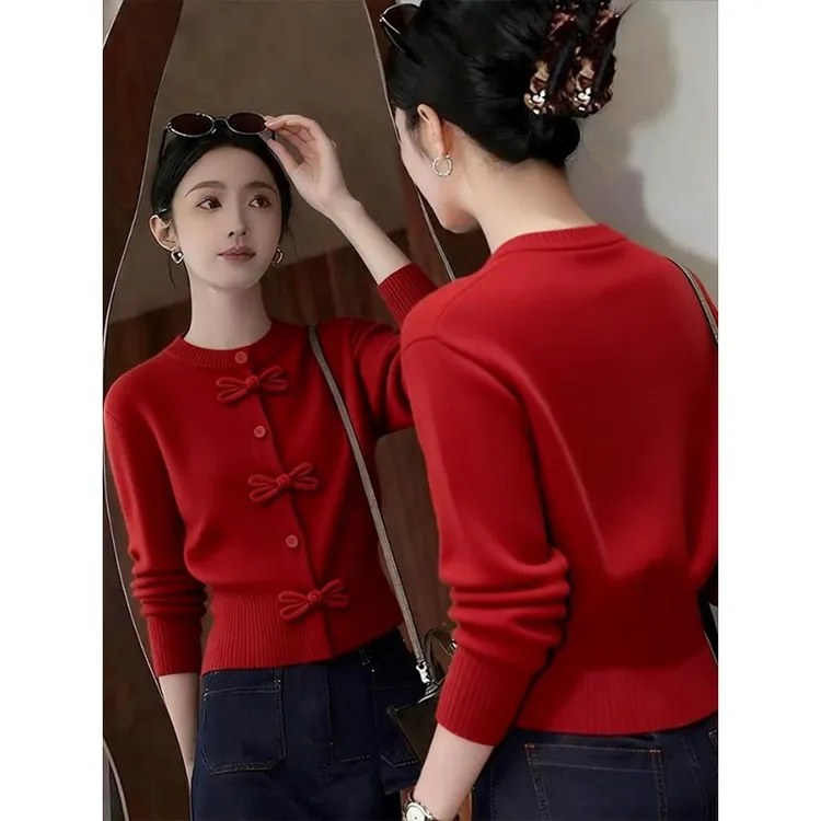 小个子蝴蝶结圆领红色圣诞针织开衫女秋冬新款气质本命年长袖上衣