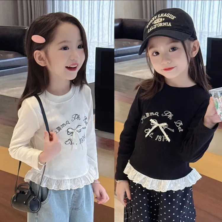 女童春秋新款打底2025宝宝长袖T恤儿童洋气上衣女宝蕾丝春装花边