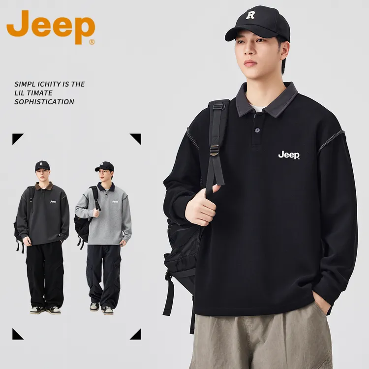 JEEP吉普美式复古POLO领卫衣男款春秋季拼接潮流宽松百搭套头上衣