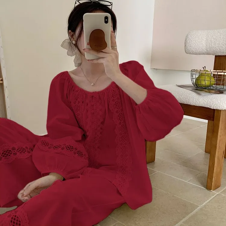 睡衣女款爆款2025新款套装纯棉春秋女士大码红色酒红本命年家居服