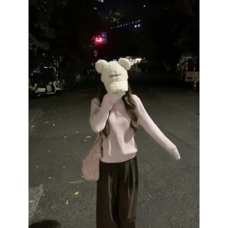 秋冬气质一整套ootd穿搭韩系粉色针织上衣百搭直筒阔腿裤休闲套装