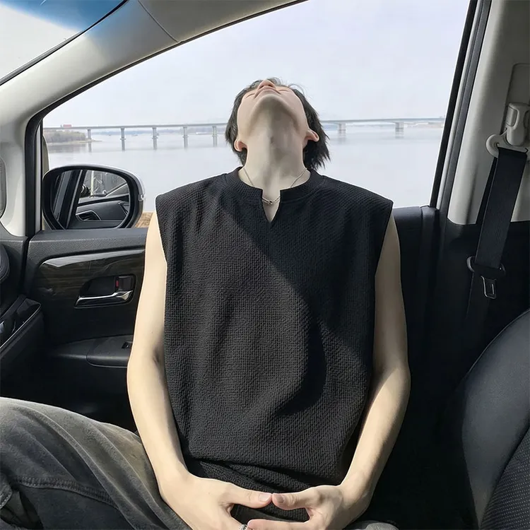 美式复古龙鳞纹V领男士背心透风透气不透肉夏季新款休闲坎肩上衣
