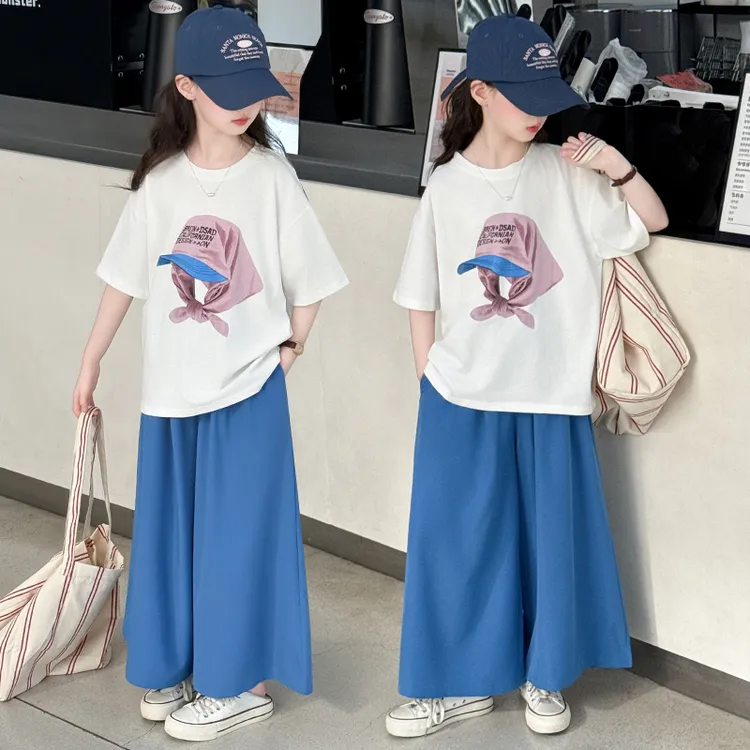 夏季女童时尚宽松套装2025新款中大儿童洋气短袖薄款夏季阔腿裤潮