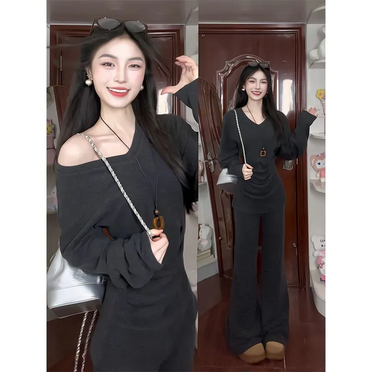 慵懒风松弛感宽松显瘦简约时尚套装女秋冬季蝙蝠袖上衣显瘦长裤