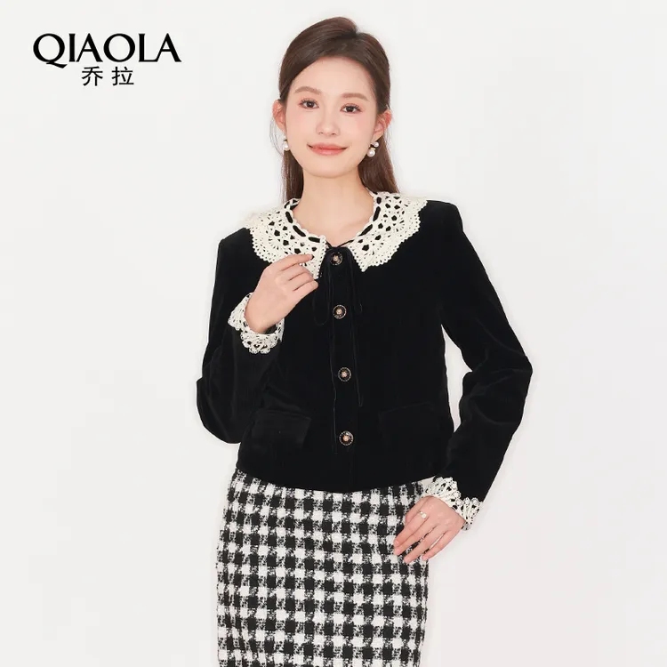 QIAOLA/乔拉【梦影棋盘】秋款小香风丝绒拼接蕾丝时尚百搭套装预售