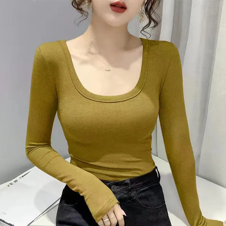 独立装螺纹U领打底衫内搭秋冬季修身显瘦低领长袖体恤女上衣服