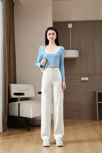【寻野】4809秋季新款高腰时尚百搭修身显瘦白色三防工装裤女