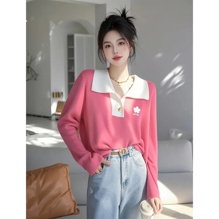 2025新款高级感超好看独特漂亮韩系慵懒风树莓粉色针织polo衫女春