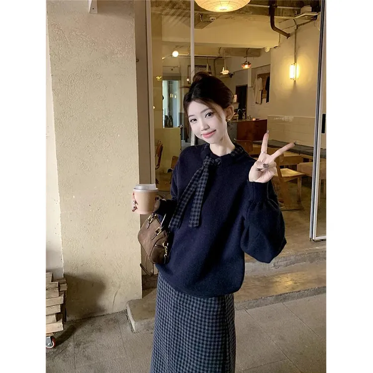 高级感藏青色针织毛衣套装裙女秋冬2025新款韩系学院风穿搭一整套