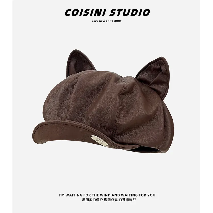 2025新款日系复古可爱猫耳朵皮质贝雷帽子女秋季甜酷百搭画家帽潮