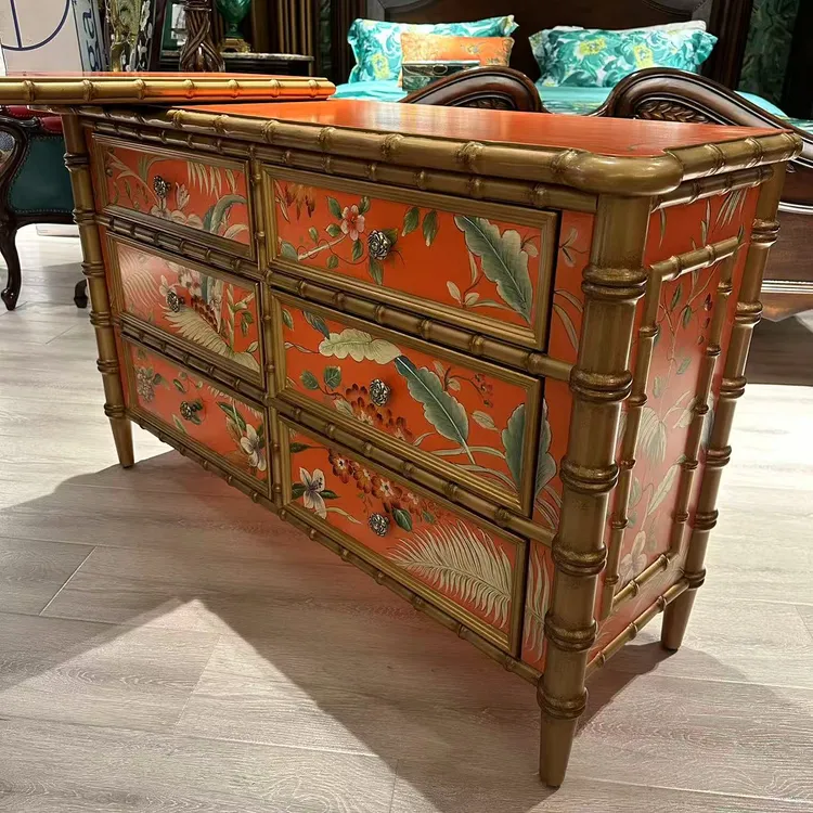 新中式复古古典奢华彩绘艺术竹节柜竹节花叶六斗梳妆台