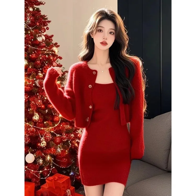 韩国加厚仿貂绒针织毛衣小香风千金套装韩冬小秋冬法式短外套套装