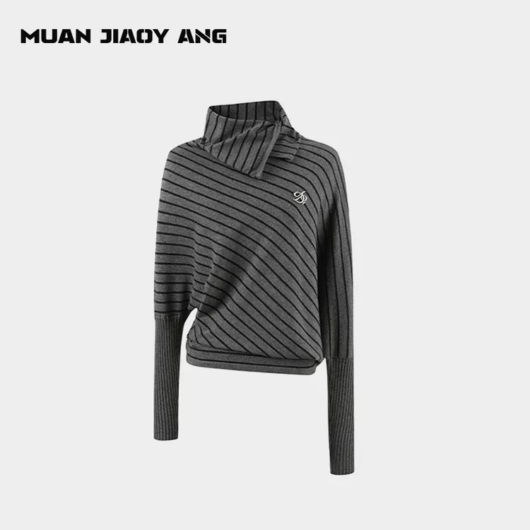 MUAN JIAOYANG设计感修身半高领蝙蝠袖毛针织衫套纹翻领针织上衣