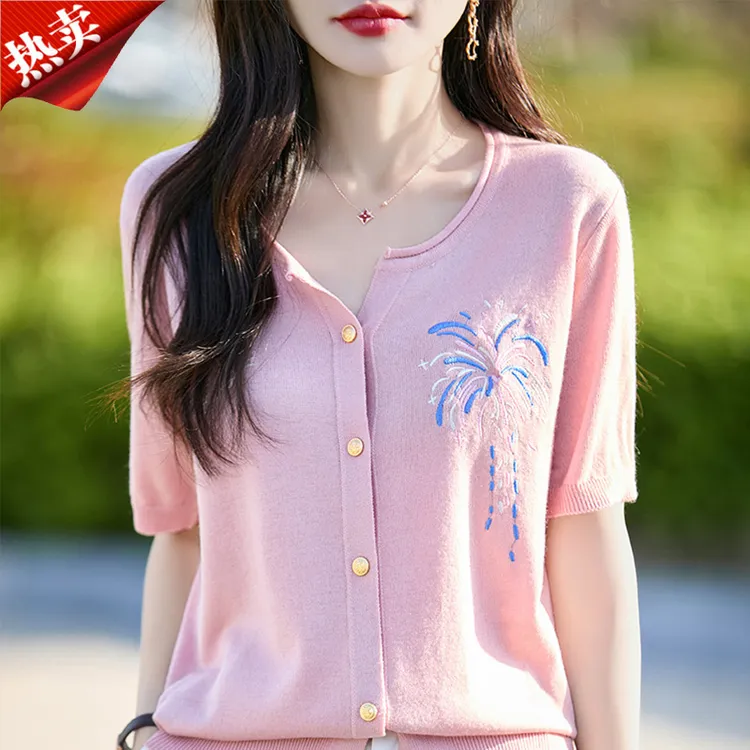 哥弟阿玛施正品烟花刺绣短袖针织开衫女装半开领百搭T恤上衣夏季