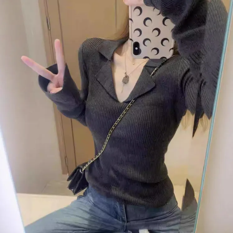 针织polo衫T恤女款设计感小众条纹正肩显瘦独特别致小衫上衣