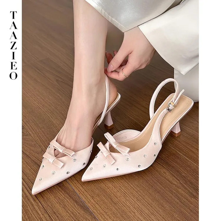 TAAZIEO羊皮版~名媛风尖头气质高跟鞋女法式蝴蝶结水钻绸缎面后绊